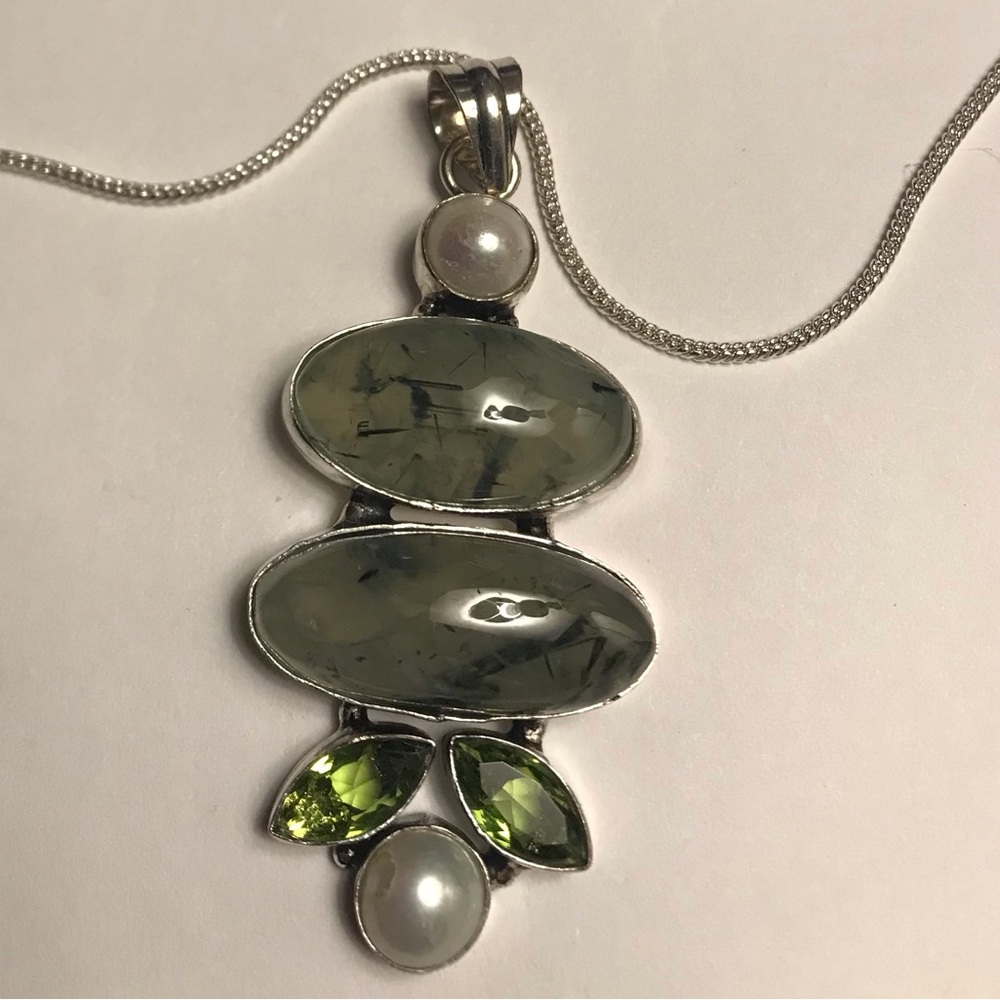 Prehnite Peridot Pearl 925 Sterling Silver Necklace